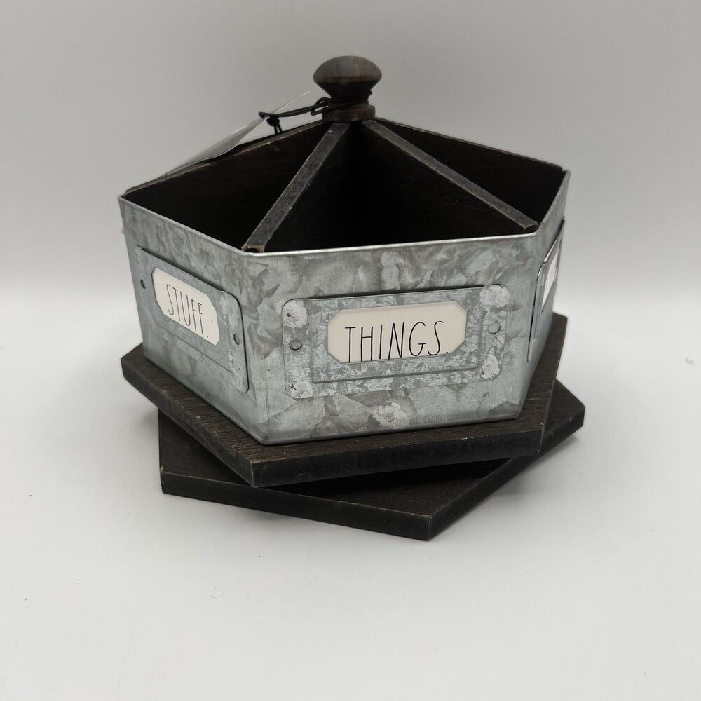 NEW Rae Dunn Pencil Cup Galvanized Dark Wood Pen/Pencil Holder Lazy Susan Bottom